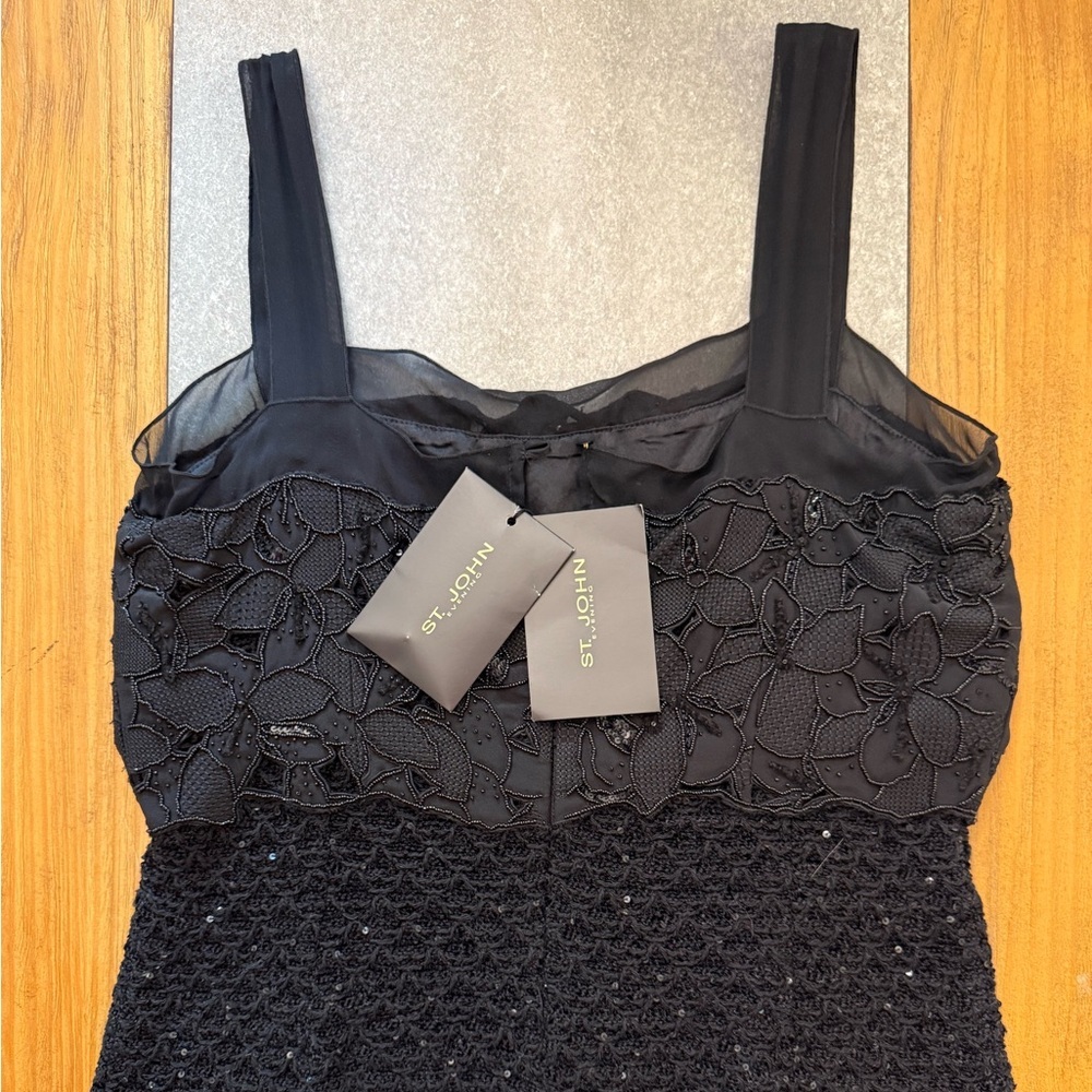 St. John Evening Couture Black Sequined Lace Sleeveless Sheath Dress Size 6 - Picture 11 of 14